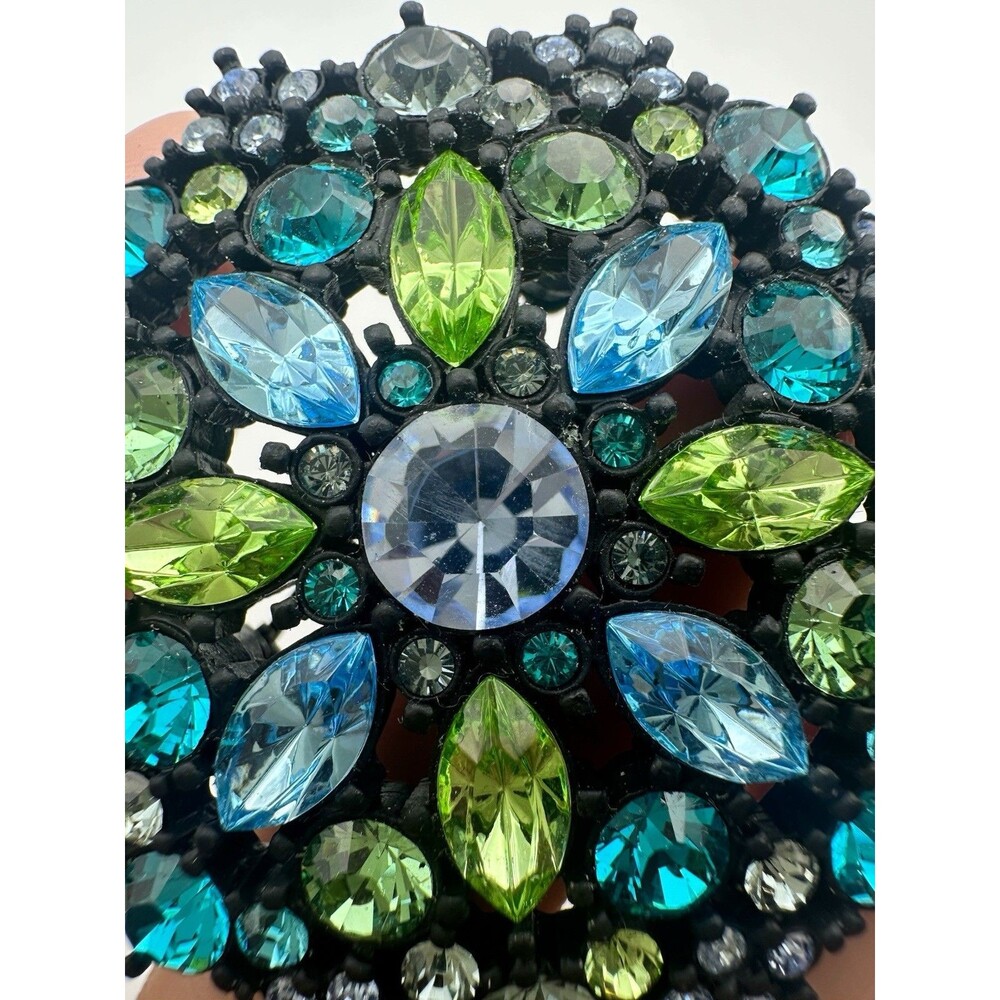 Green Blue Rhinestone Flower Pin Brooch - Picture 3 of 7